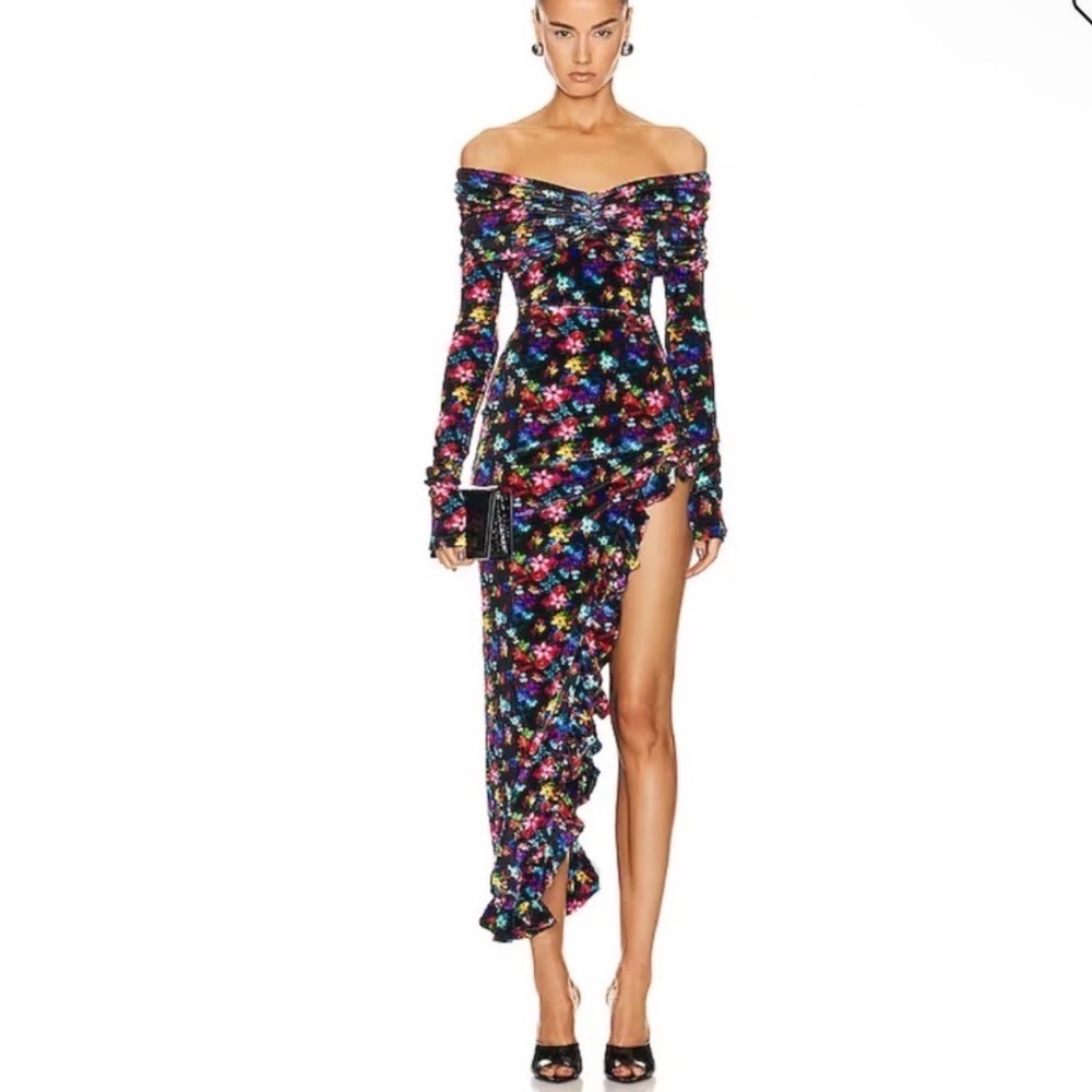 SIEDRES Linni Dress‎ Floral Print Asymmetrical off-shoulder velvet dress Size 38